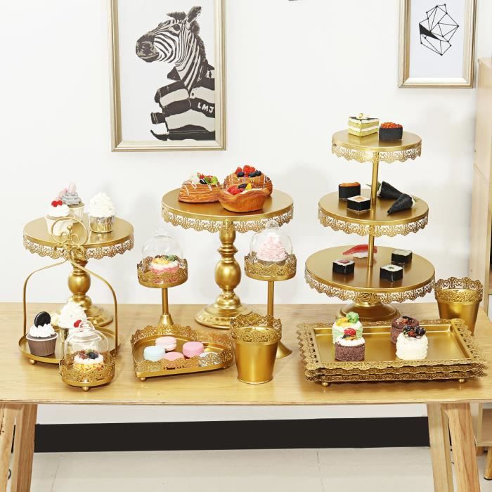 JUJOYBD Lot de 3 présentoirs à gâteaux ronds à 3 étages - Doré - Avec pied  - Support à dessert - Pour mariage, anniversaire, fête : : Cuisine  et Maison