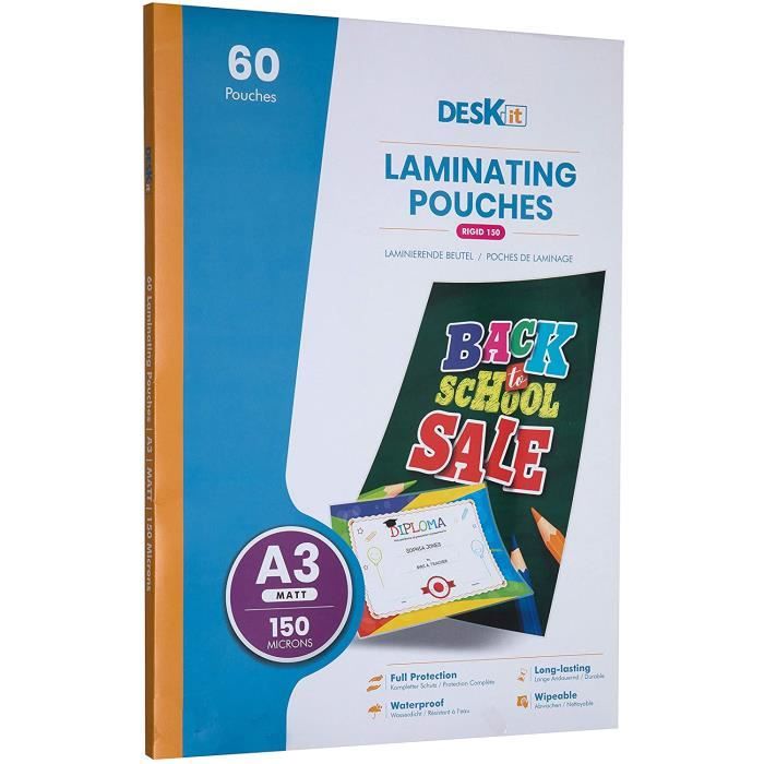 Pochettes de plastification Deskit A5, brillantes, 120 feuilles, 150 Pochettes de plastification Deskit A5, brillantes, 120 feuilles, 150