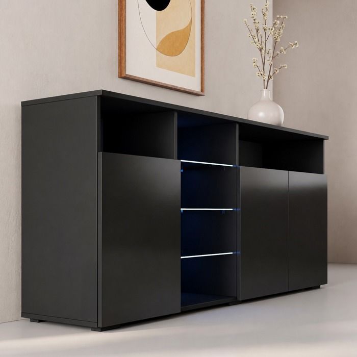 Buffet Bahut 3 portes 3 étagères en verre LED 150 x 72 x 35 cm Couleur Noir avec Finition Brillante Clark