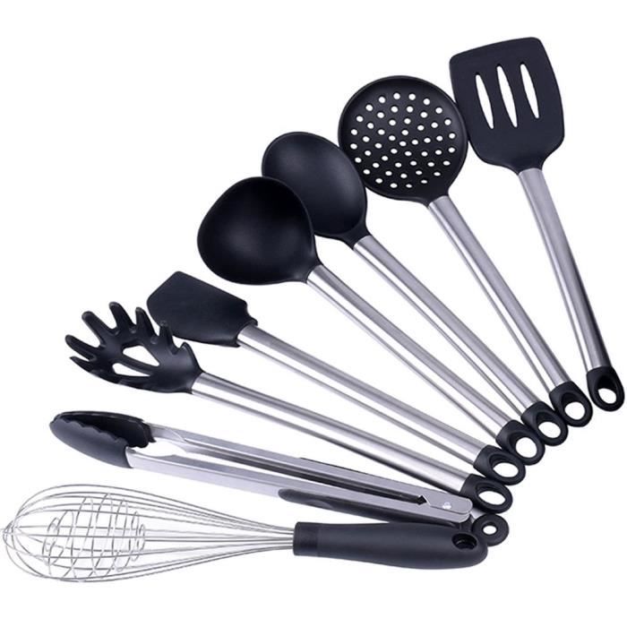 Ustensiles de Cuisine, 8 Pièces Ustensiles de Cuisine en Silicone avec poignée en Acier Inoxydable, Écumoire,Louche, Spatule,Cuillèr