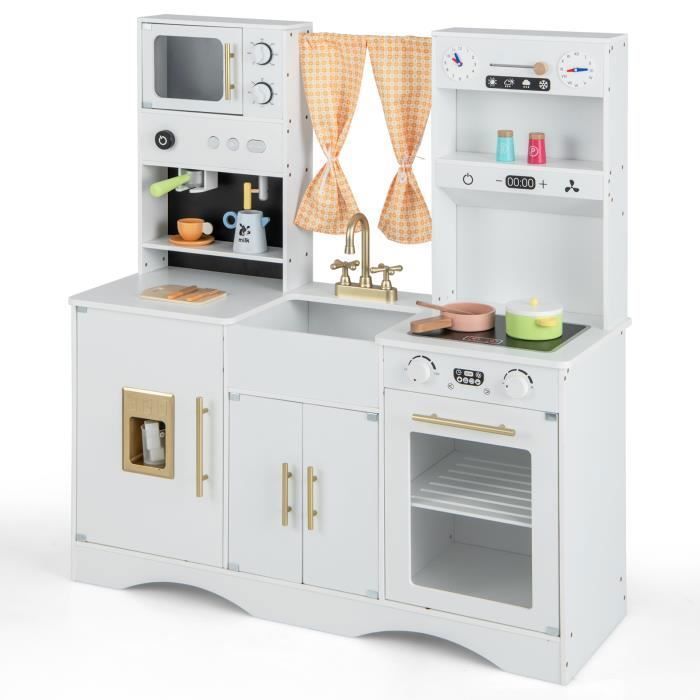 Cuisine Enfants Cuisine de Jeu en Bois avec Lumières&Sons Cuisinière Évier Robinet Four Machine à Glaçons Micro-Ondes pour 3+ Ans Blanc