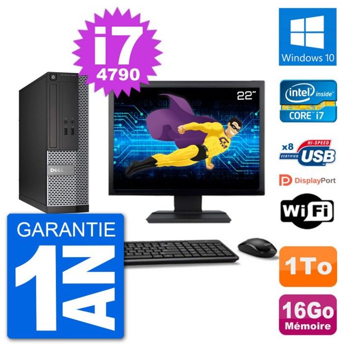 PC Dell Optiplex 3020 SFF Ecran 22 i7-4790 RAM 16Go Disque 1To Windows 10 Wifi