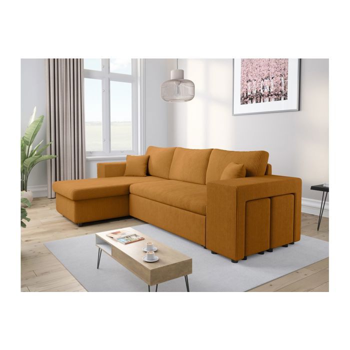 Canapé dangle réversible MADY avec coffre rangement poufs à droite en velours côtelé - Jaune - L254 x P146 x H81cm - LOUNGITUDE Canapé dangle réversible MADY avec coffre rangement poufs à droite en velours côtelé - Jaune - L254 x P146 x H81cm - LOUNGITUDE