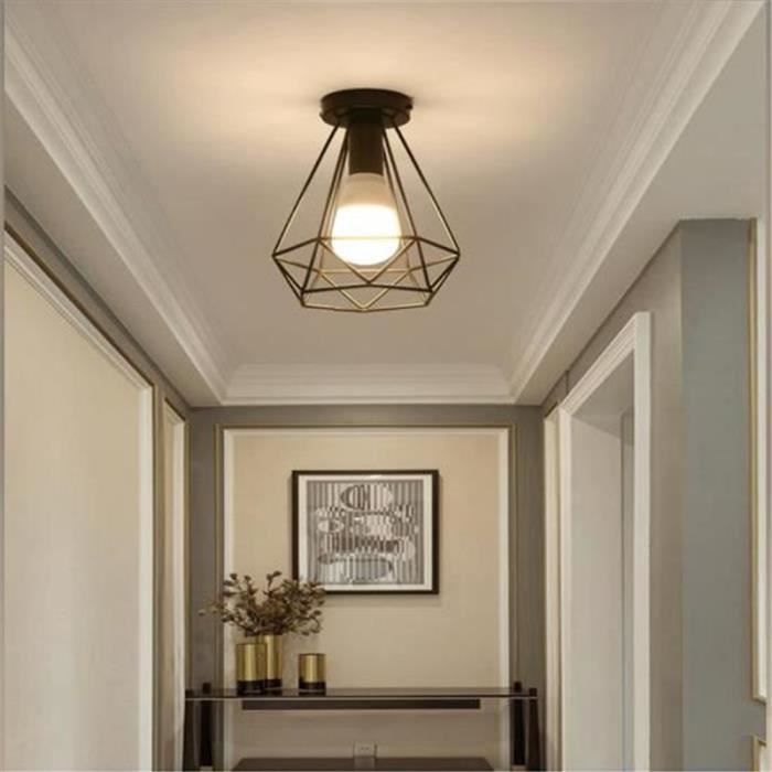 Lampe de Plafond r/étro vintage Plafonnier Industrielle Cage en forme Diamant en M/étal avec corde de chanvre Fer Lustre Suspension Luminaire pour Salon Salle Chambre D/écorer Maison