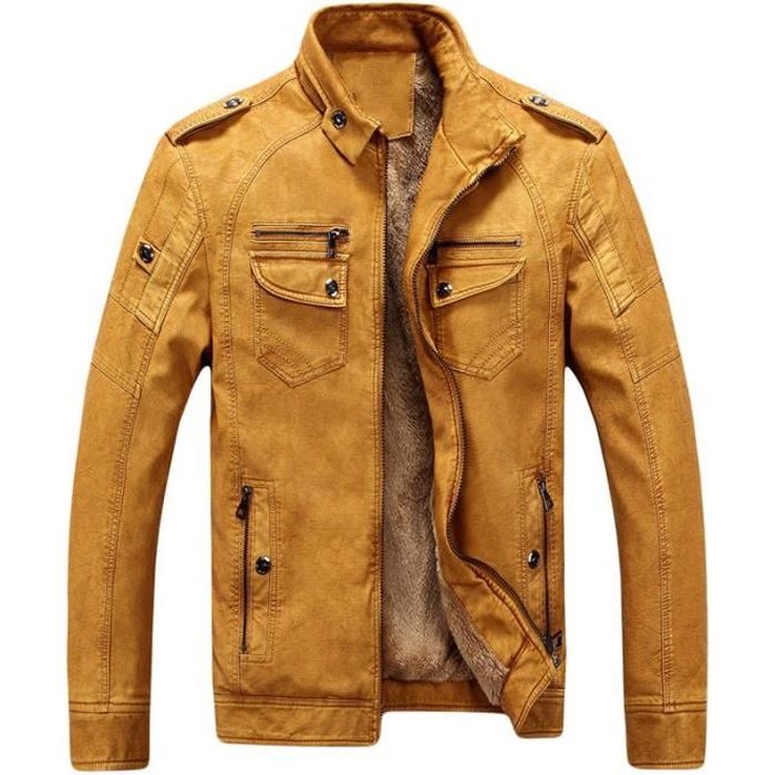 Blouson homme en cuir lisse Jaune LEOCLOTHO Cuirisse Col en