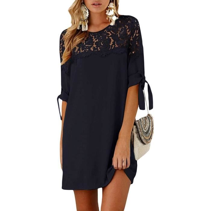 Robe Femme Robe Droite Mi Longue Manches Petite Robe Courte Mini Robe Casual Col Rond Decontractee noir M Noir Cdiscount Pret a Porter