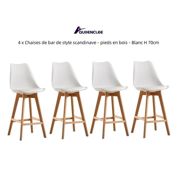 chaises de bar scandinaves quiienclee - blanc - coque en pp + coussin en cuir + pieds en bois