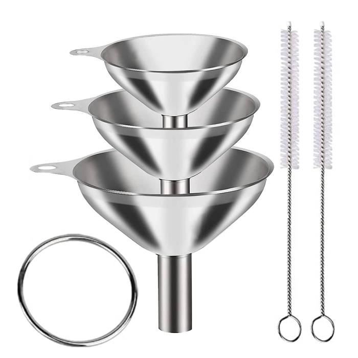 Lot De 3 Entonnoirs Inox + 2 Brosses | 4,5/5,5/7,5 Cm - Pour Huile, épices, Liquides En Cuisine