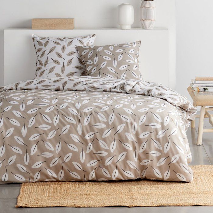 Parure de Lit - 240 x 220 cm - Coton Imprimé Floral Beige avec Motif Feuille - TODAY SUNSHINE