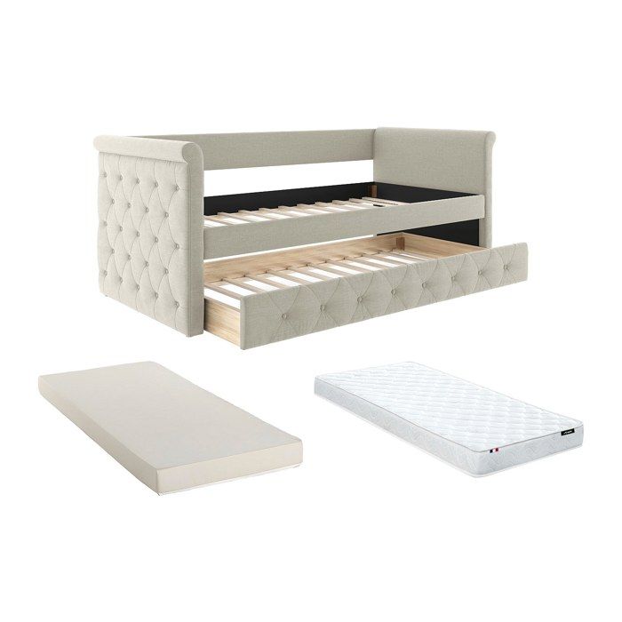 Lit banquette gigogne capitonné - 2 x 90 x 190 cm - Tissu - Beige + Matelas - LOUISE