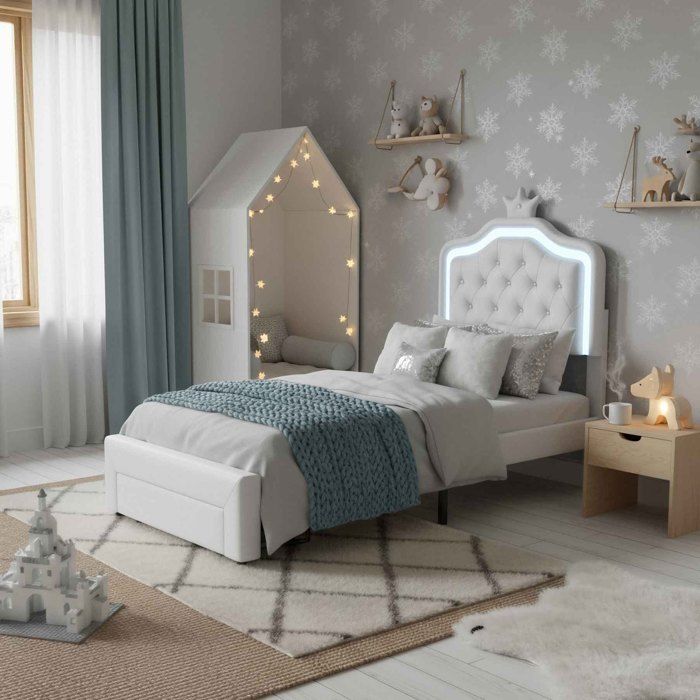 KOMHTOM Lit Rembourré Avec LED Et Tête De Lit Réglable - 90x190 Cm Rose - Sans Matelas