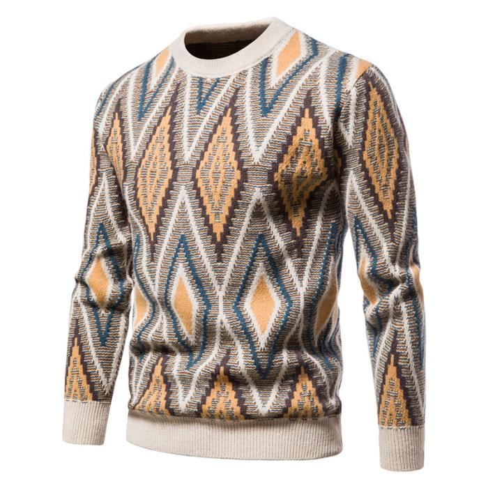 Pull jacquard losange col rond pour homme pull manches longues