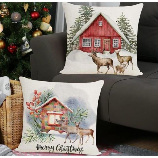Lot De 4 Housses De Coussin 45 X 45 Cm En Lin Avec Motif De Noël Pour Décoration De Salon, Canapé, Chambre à Coucher