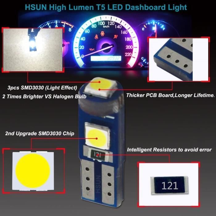 HSUN T5 74 37 2723 2721 W3W Ampoule LED,3LED SMD3030 Puce 600LM extrêmement  brillante pour voyant de tableau de bord pour indicateur de voiture Auto
