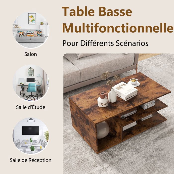 Table Basse Relevable GOPLUS Avec Rangement 100x50x45cm - Plateau Elevable Et Compartiment Caché - Charge 95kg