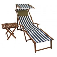 Chaise longue pliante - ERST-HOLZ - 10-317FSTKD - Bleu et blanc - Repose-pieds - Pare-soleil - Table