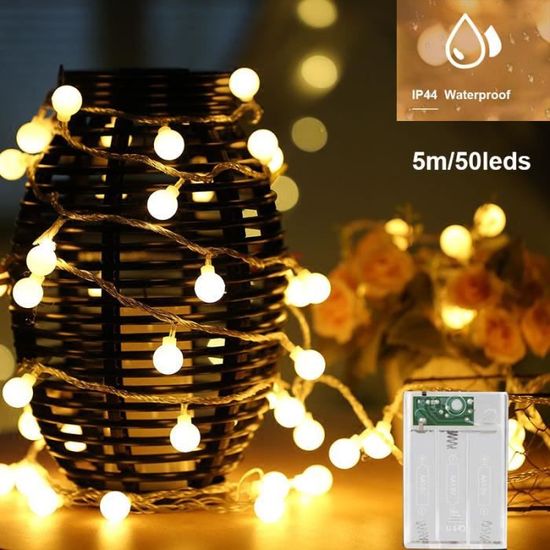Guirlande LED 5m 50 Boules Blanc Chaud - Éclairage Piles Pour Noël, Balcon Ou Chambre
