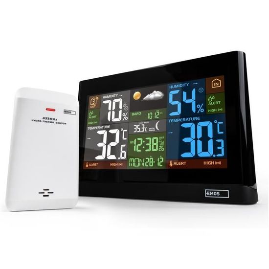 Humidité EMOS Prévision 12-24h Date & Heure Station Météo Intérieur Extérieur sans Fil avec Écran Couleur Indice de Chaleur & de Confort Température Pression de l'Air 
