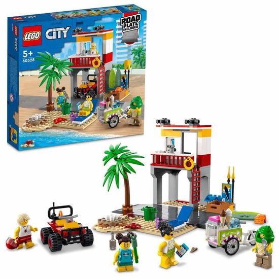 LEGO® 60328 City Le Poste De Secours sur La Plage, Jouet de Construction, Quad et Plaque Route, Cadeau pour Enfants +5 Ans