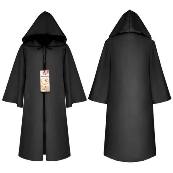 Cape à Capuche Noire Adulte - Déguisement Sorcière, Vampire, Halloween - 150 Cm, Tissu Tricoté, Facile à Attacher