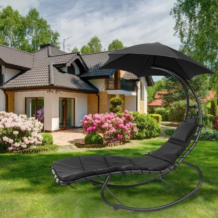 YGONGMYL Bain de Soleil Transat Chaise à bascule pour Jardin Piscine Balcon Terrasse - Parasol + Matelas + Cadre en Métal - Noir