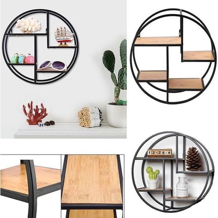 Etagère murale ronde 4 niveaux bois et métal design industriel Étagère Rangement Pour Maison - 37x37x14 cm-RUR