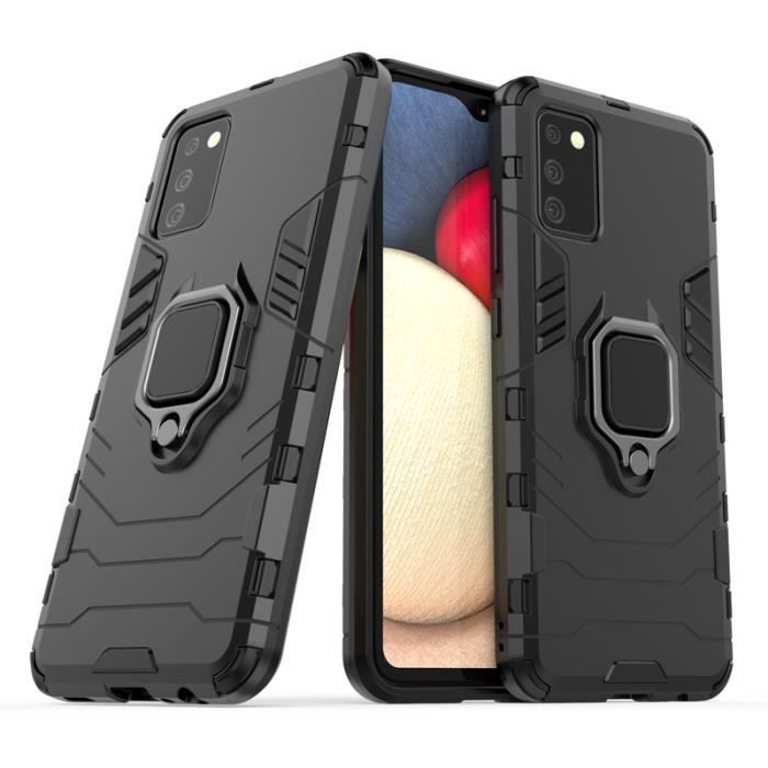 Coque Samsung Galaxy A02S, Rugged PC+Silicone 2 en 1 Bumper Protection avec Bague Souple 360° Magnétique, Noir