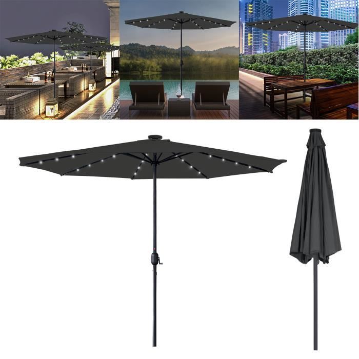 HENGMEI 350 cm Parasol de Jardin en Aluminium, Avec manivelle, Avec LED solaire Pour Balcon, Terrasse, Gris Foncé