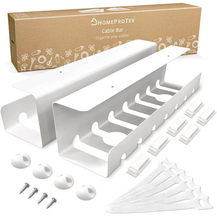 Plateau organisateur de bureau HomeProTek gestion de câbles + accessoires inclus - Lot de 2 BLANC - Design intemporel - Passe câble