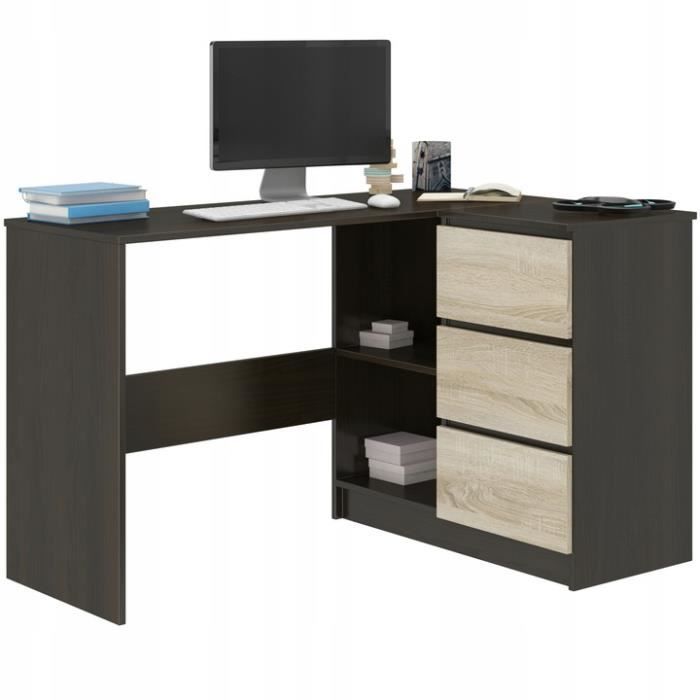 REX W - Bureau d'angle & rangements + 3 tiroirs - 112x87x76 - Table d'ordinateur - Table de travail - Wengé Sonoma