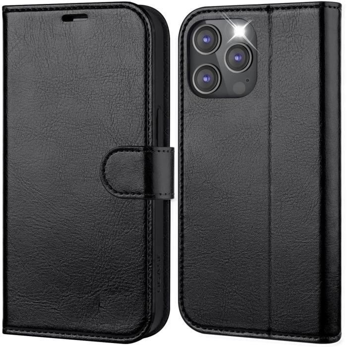 Coque iphone 14 pro PU Cuir Noir Porte Carte