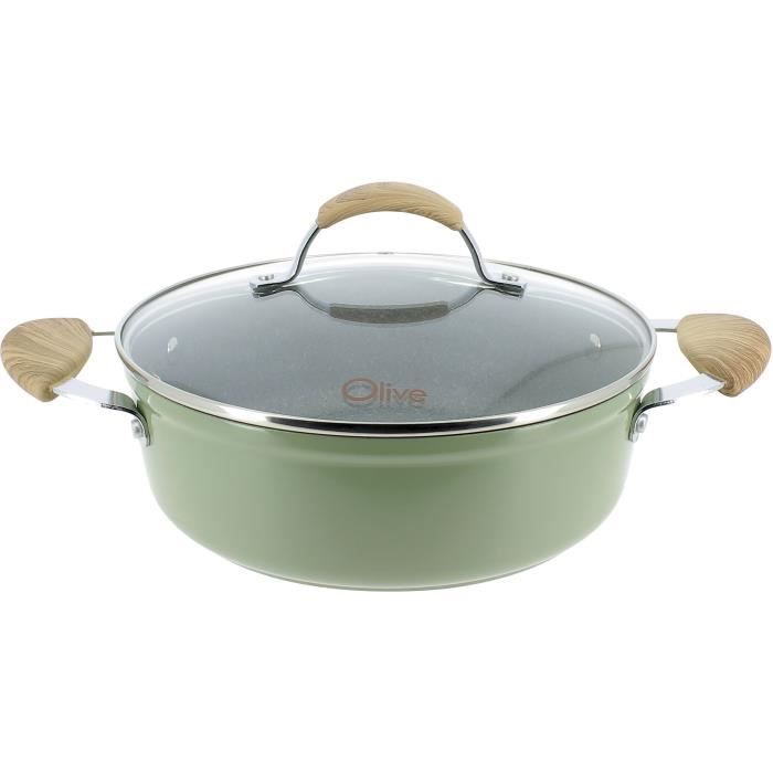 OGO LIVING 7930188 Faitout 24 cm - Couvercle en Alu forgé - Forme basse - poignée bakelite - Olive