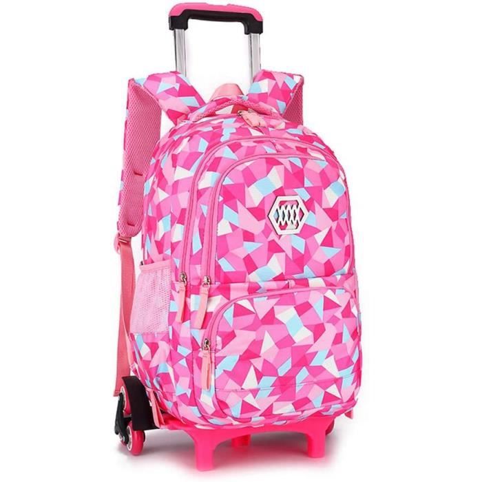 XJYDNCG 2 en 1 Sac à Dos avec roulettes - Cartable Fille a Roulette Primaire Enfant - Grande capacité - 33x48x24 cm - Rose rouge