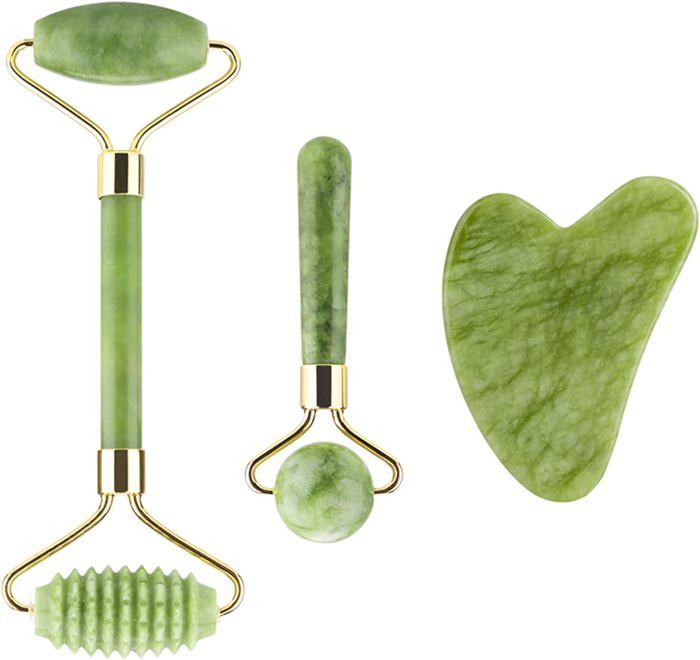Rouleau De Jade Et Outil Gua Sha En Pierre Naturelle - Kit Massage Facial - Neuf Sous Emballage