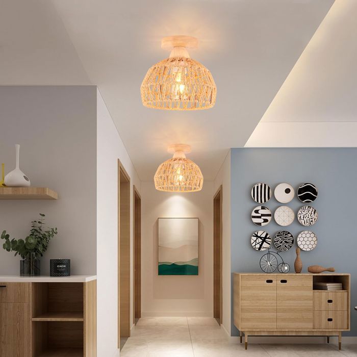 IDEGU 2pcs Plafonnier Vintage Industrielle Lustre en Bois et Rotin Cage Abat-jour Lampe de Plafond E27 Éclairage pour Entrée