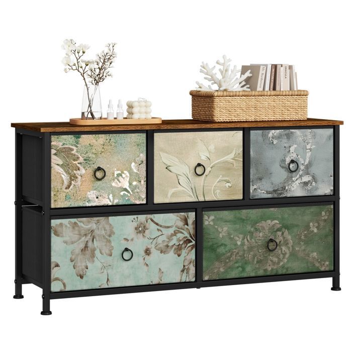Commode Chambre WOLTU - Meuble 5 Tiroirs en Tissu - Bois dIngénierie et Métal - Motif de Fleur Vintage W0ITT5022