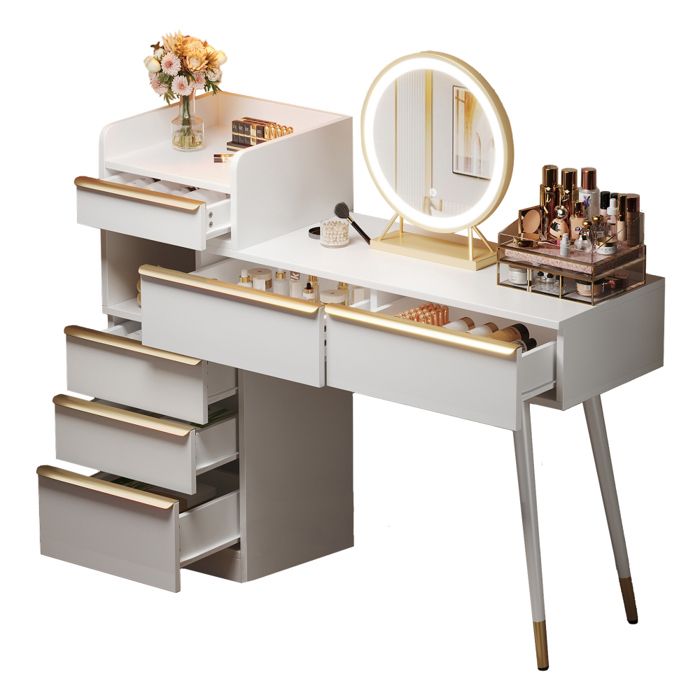 Meuble Coiffeuse Avec Miroir rotatif LEDTable de Maquillage chambre blanc 6 tiroirs H102 cm × L100 cm × P415 cm