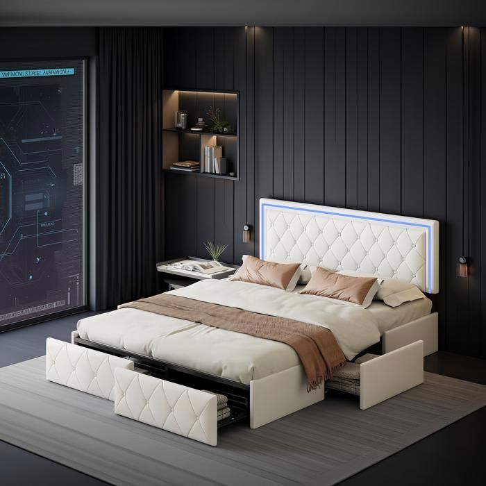 Lit Design 160x200cm Capitonné Tête de lit ajustable & LED Rangement 4 tiroirs Tissu Sommier Inclus