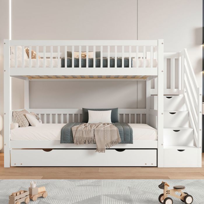Lits Superposés Lit gigogne enfant 90x200/190cm pin+MDF blanc avec armoire échelle barrière sécurité 4 côtés- Sans Matelas Lits Superposés Lit gigogne enfant 90x200/190cm pin+MDF blanc avec armoire échelle barrière sécurité 4 côtés- Sans Matelas