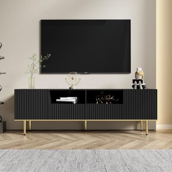 Merax Meuble TV Noir avec Pieds Dorés 165 cm Meuble bas de Salon avec Tiroirs et Rangements