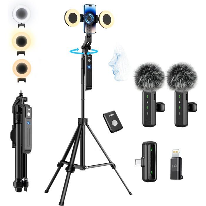 Kit Vlogging Per IPhone – Clip, Luce LED E Microfono Wireless, Treppiede 2 In 1, Per Interviste, TikTok E YouTube
