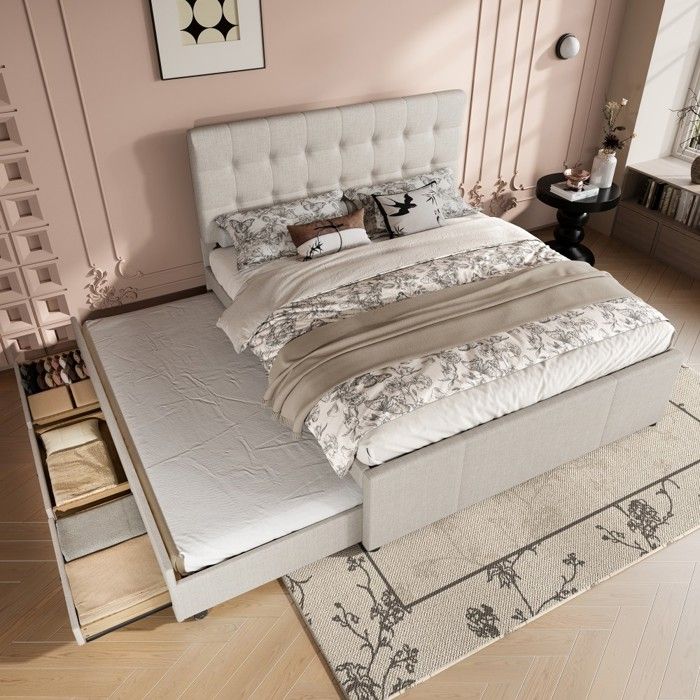 Lit Double 140x200 Rembourré avec Tête de Lit Réglable 3 Tiroirs Gigogne et Sans Matelas Modèle Familial Beige(sans Matelas)
