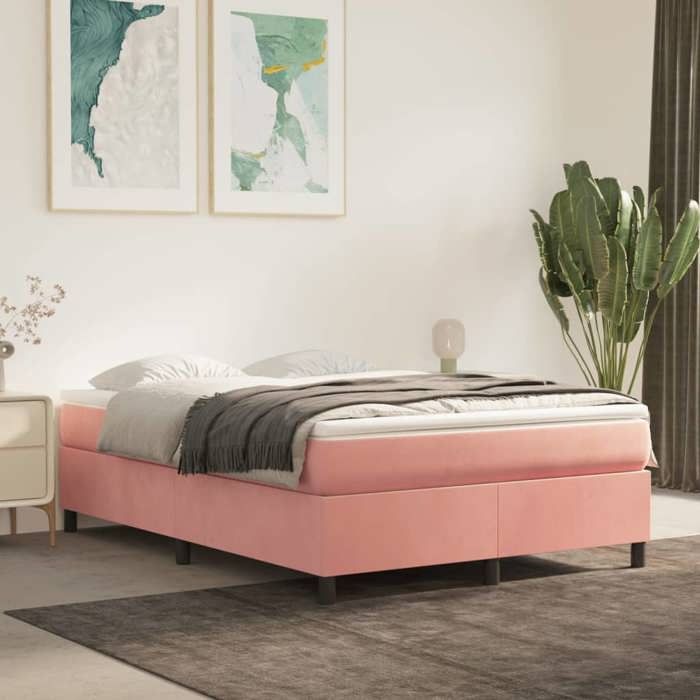 Structure de lit à ressorts - UU - 140x200 cm - Rose - Velours - Pieds robustes - Lattes de contreplaqué