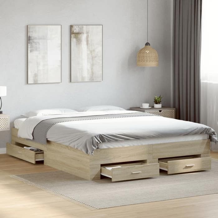 Structure de lit avec tiroirs - UU - Chêne sonoma - 160x200 cm - Bois dingénierie - Contreplaqué - 203x163x32 cm