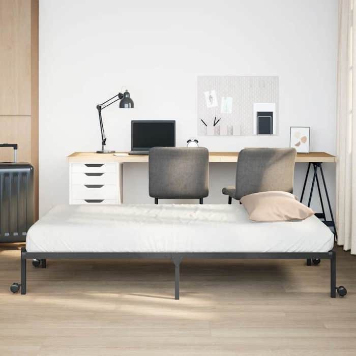 Structure de lit pliable - UU - Noir - Acier - 107x203 cm - Pliable - Sommier à lattes - Roues intégrées