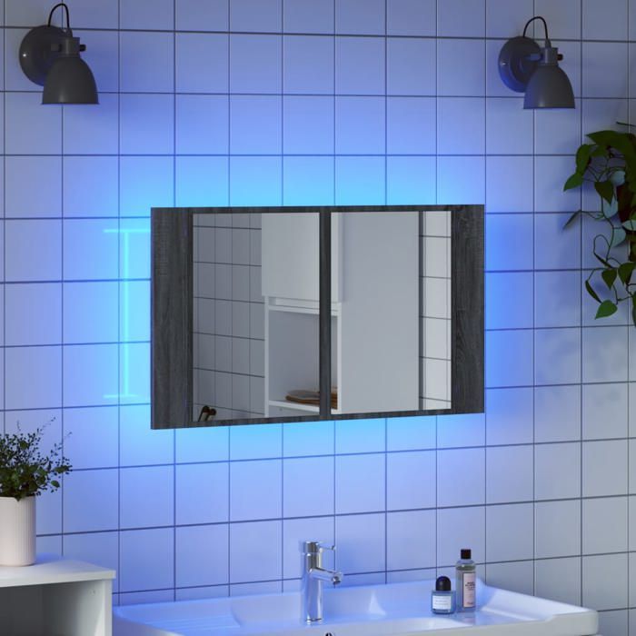 Armoire de salle de bain à miroir LED - WIENS - Sonoma gris - 80x12x45 cm - LED RVB - Bois dingénierie - 2 étagères