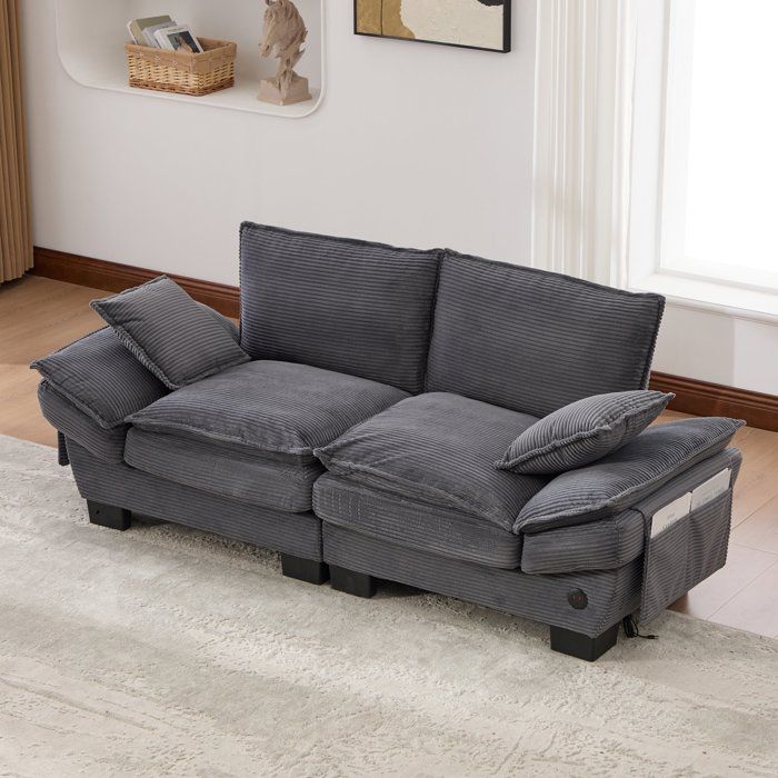 Canapé Droit 2 Places Velours Côtelé avec USB-C et Rangements Intégrés - Assise Ergonomique - Coussin de Siège Épais Gris foncé