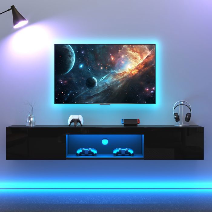 Meuble TV Mural Noir Brillant 160 cm avec Éclairage LED Bluetooth Meuble Télévision Suspendu pour TV jusqu’à 70 Pouces Meuble TV Mural Noir Brillant 160 cm avec Éclairage LED Bluetooth Meuble Télévision Suspendu pour TV jusqu’à 70 Pouces