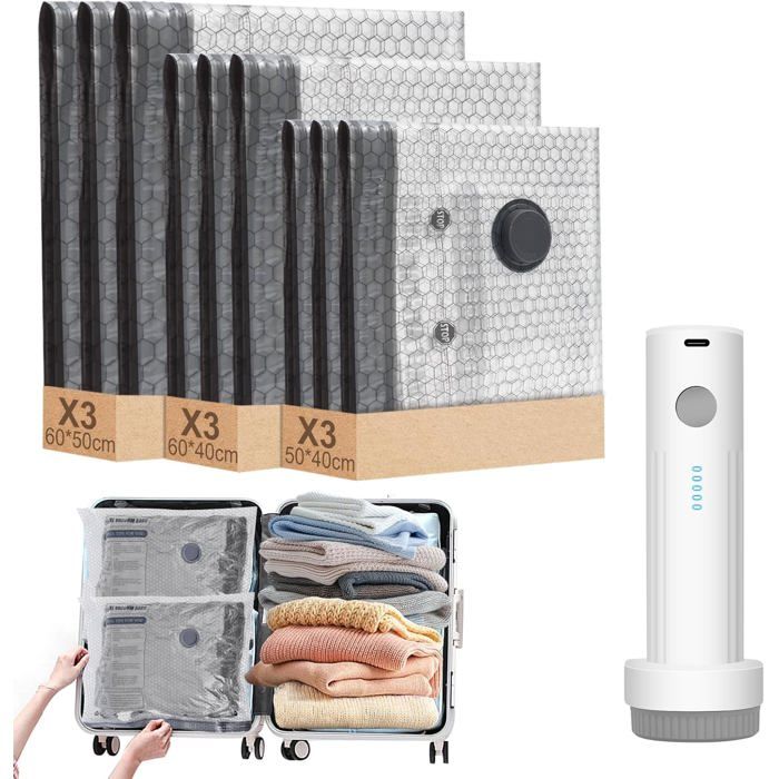 Sac Sous Vide Vetement Aspirateur avec Pompe à Videans Fil 9 Pièces(3x 50x40cm 3x 60x40cm 3x 60x50cm) Sac de Rangement