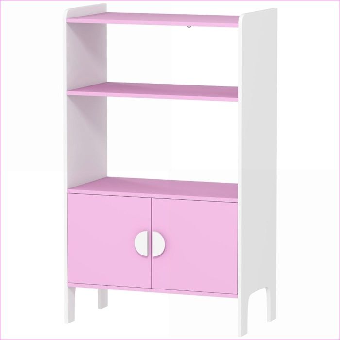 Mobilier enfant - Bibliothèque avec 2 étagères &amp  2 armoires - Anti-chute - Rose+Blanc
